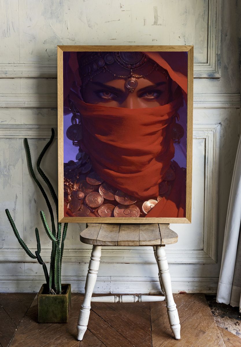 Mysterious Woman in Red — Illustration Print room preview