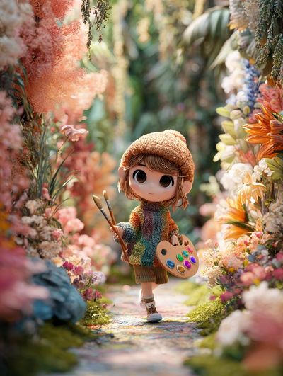 Whimsical Artist in Floral Pathway Poster.