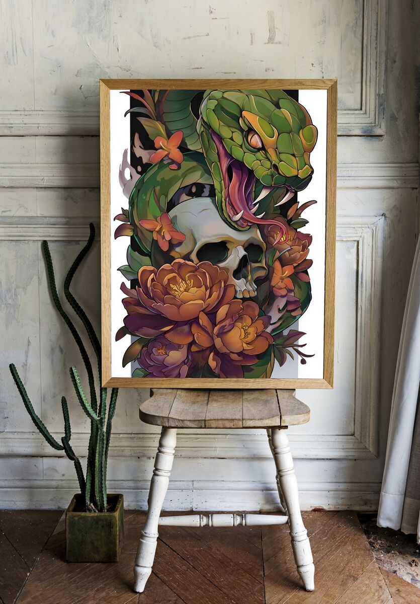 Green Snake and Skull — Digital Art Print room preview