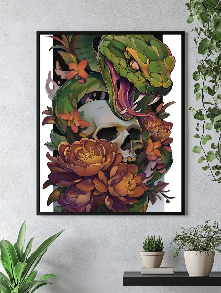 Green Snake and Skull — Digital Art Print. — room view 4