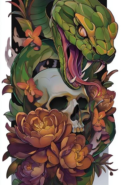 Green Snake and Skull — Digital Art Print. poster
