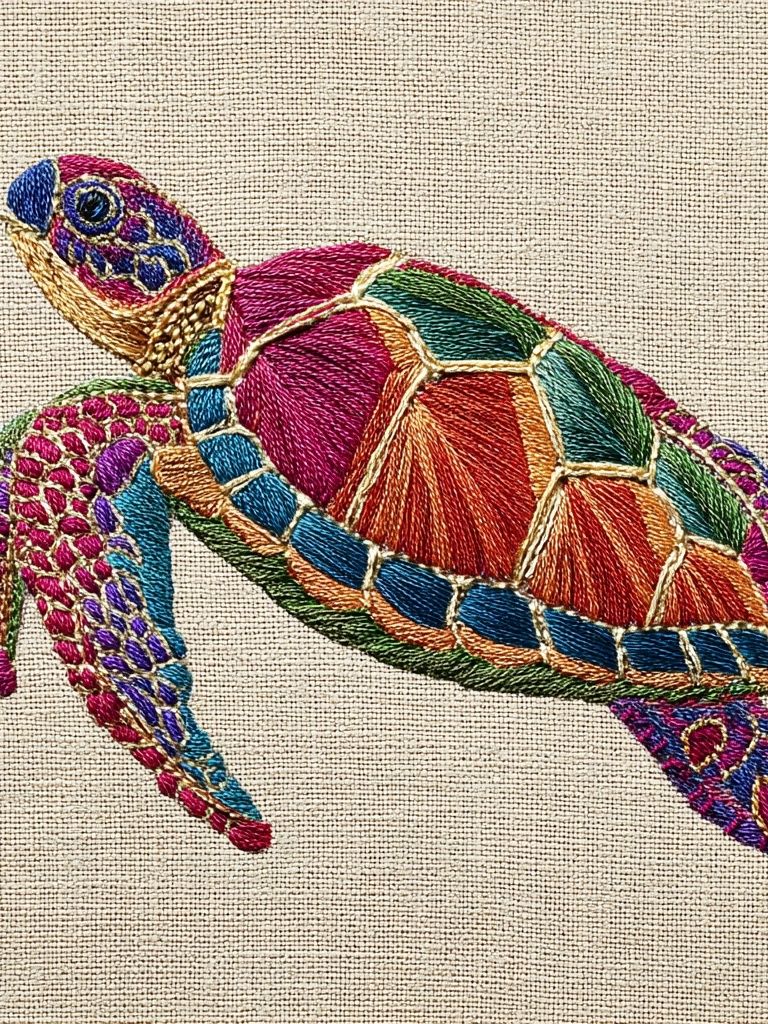 Colorful Sea Turtle Embroidery Poster. poster detail