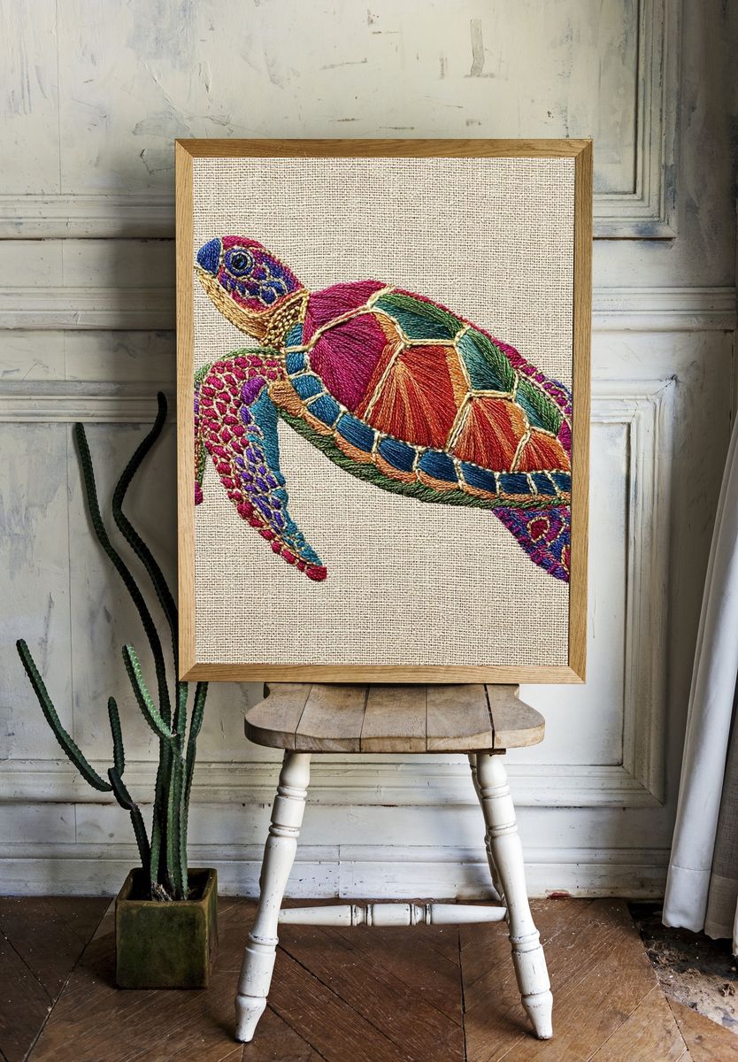 Colorful Sea Turtle Embroidery Poster. room preview