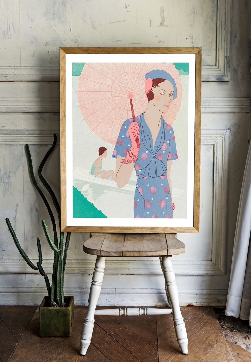 Fashionable young woman summer illustration. room preview