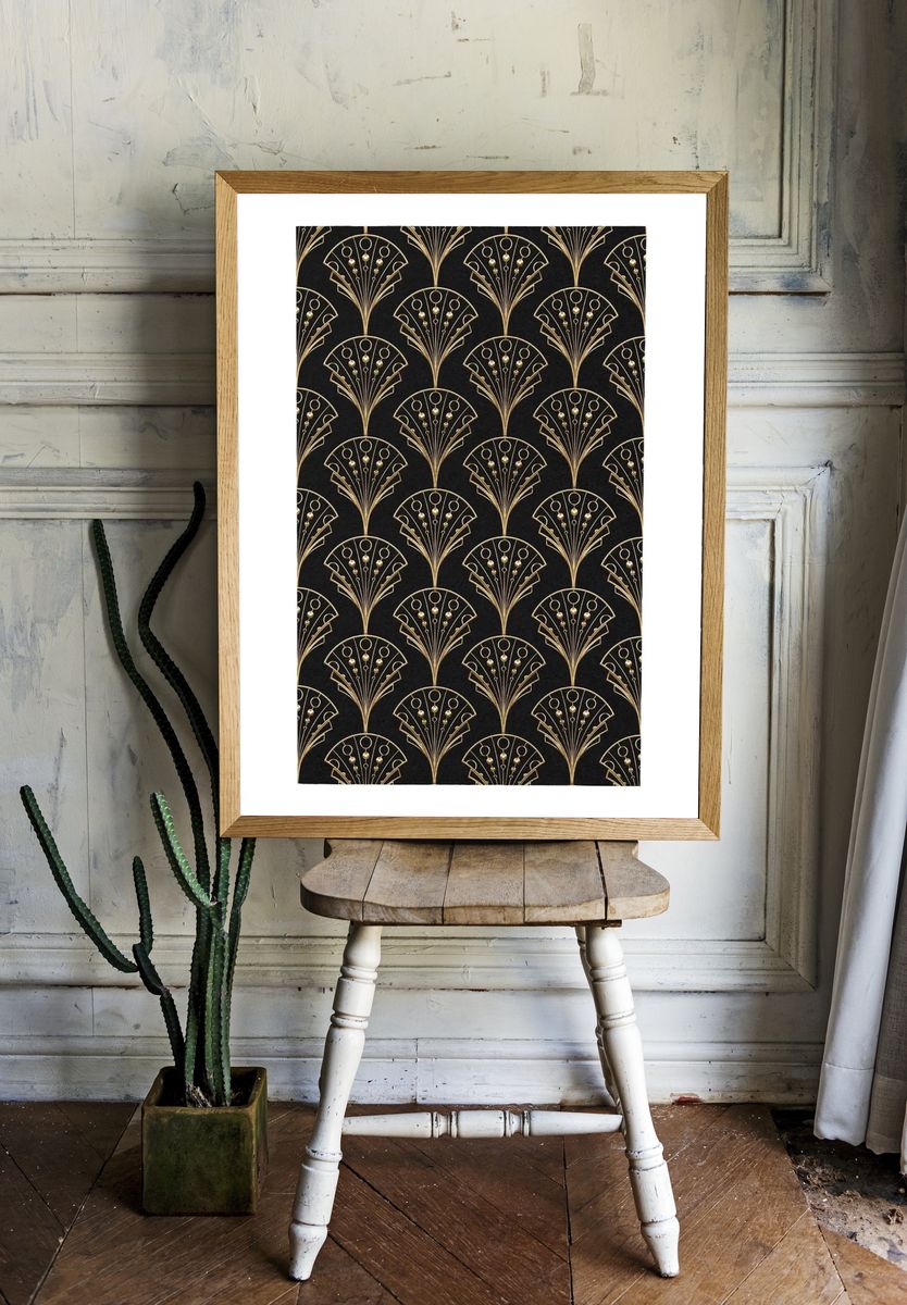 Vintage art deco poster, black and gold geometric pattern design room preview