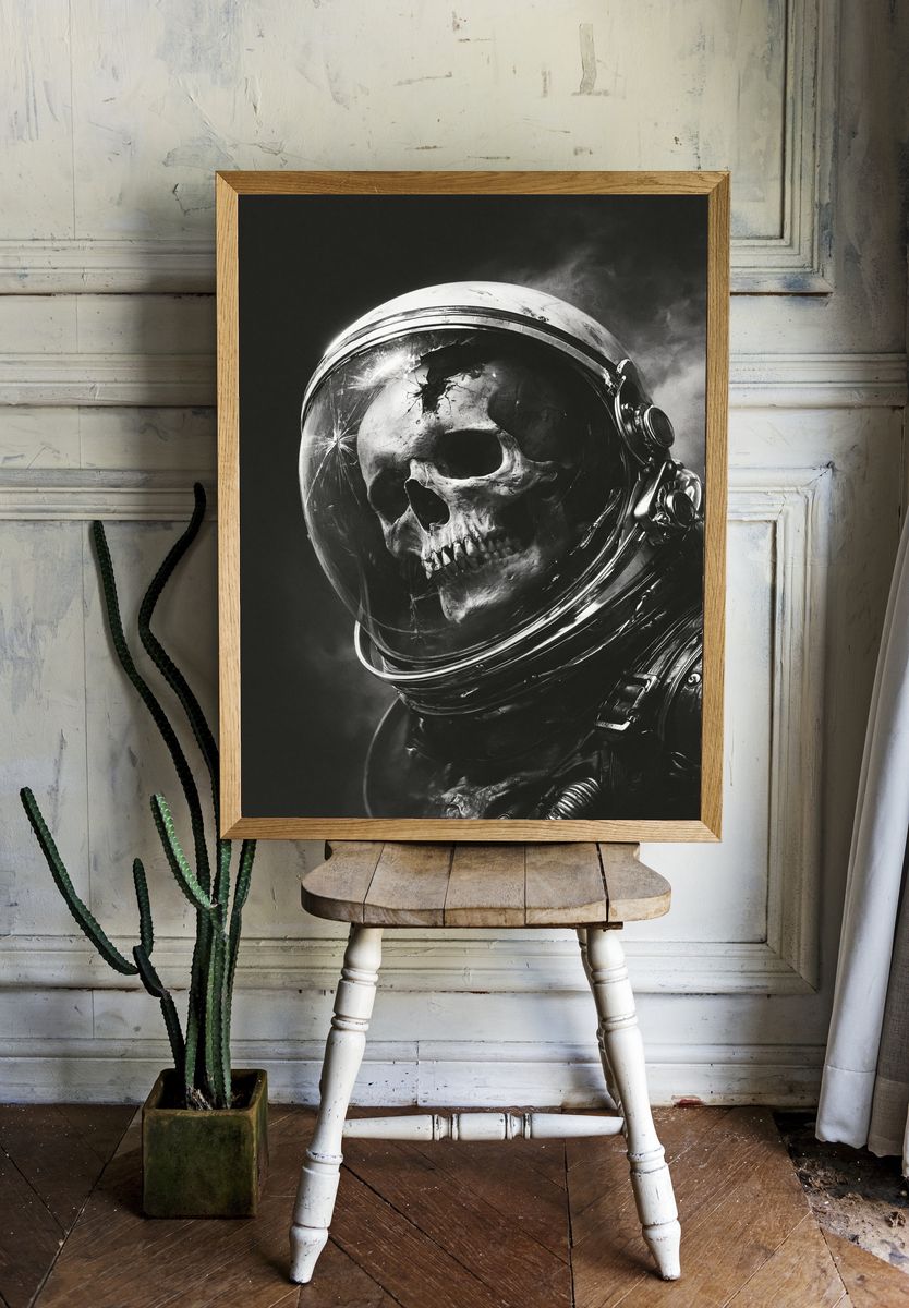 Skull Astronaut Black-White Poster. — room view 1