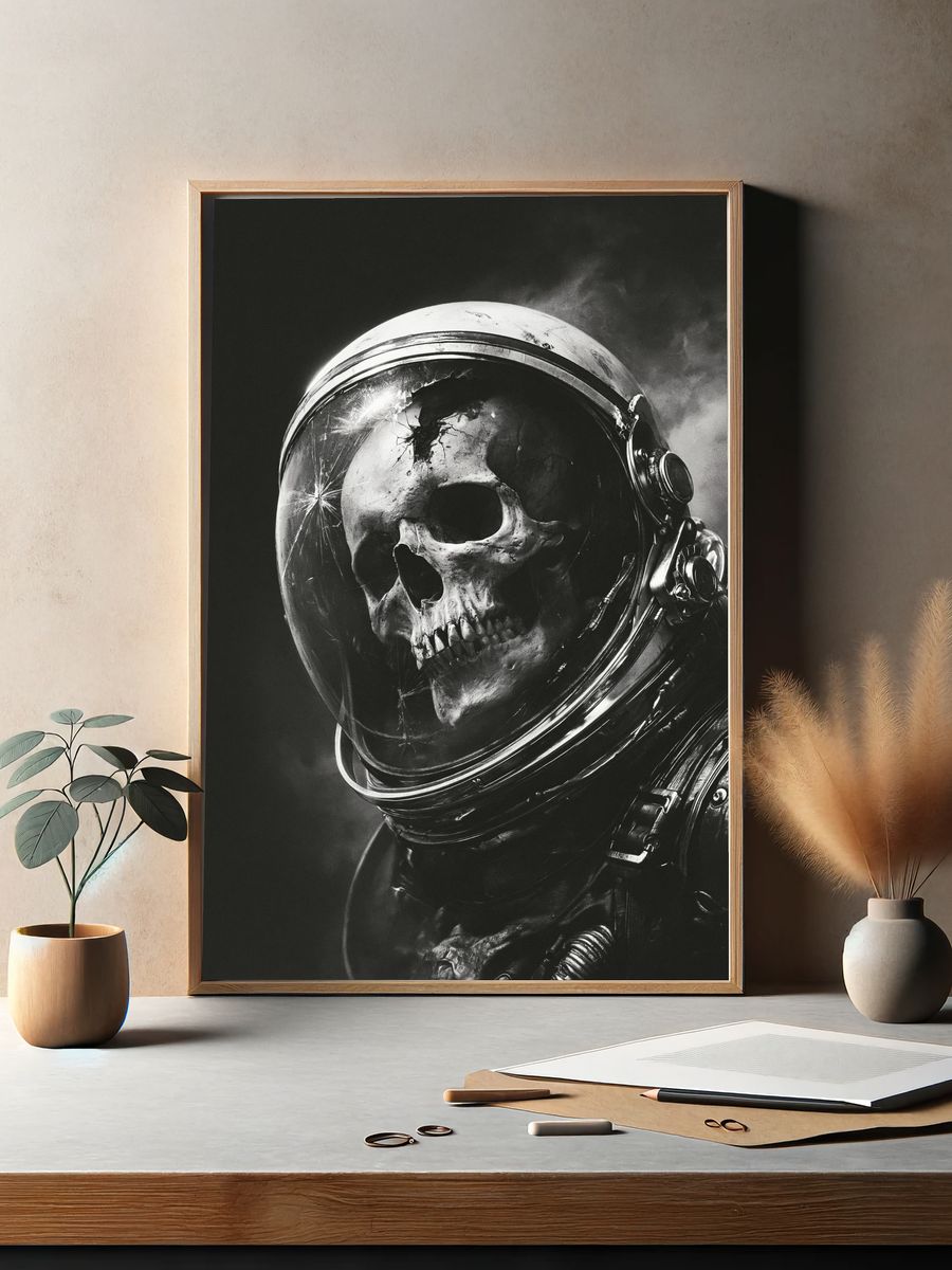 Skull Astronaut Black-White Poster. — room view 2