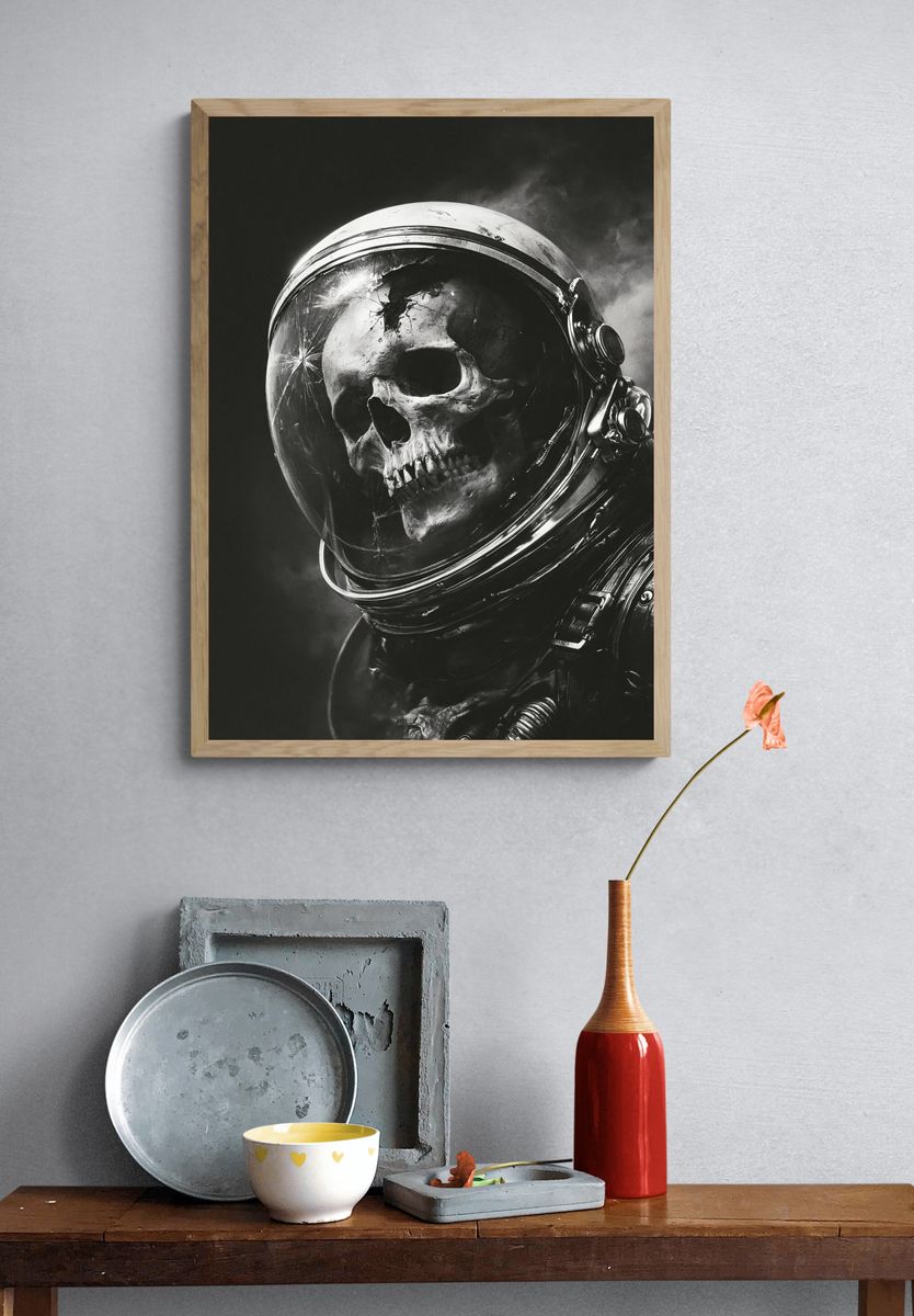 Skull Astronaut Black-White Poster. — room view 3