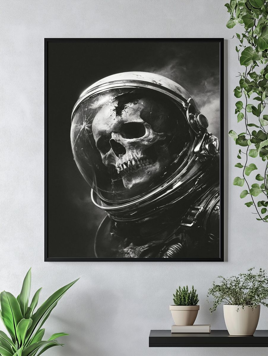 Skull Astronaut Black-White Poster. — room view 4