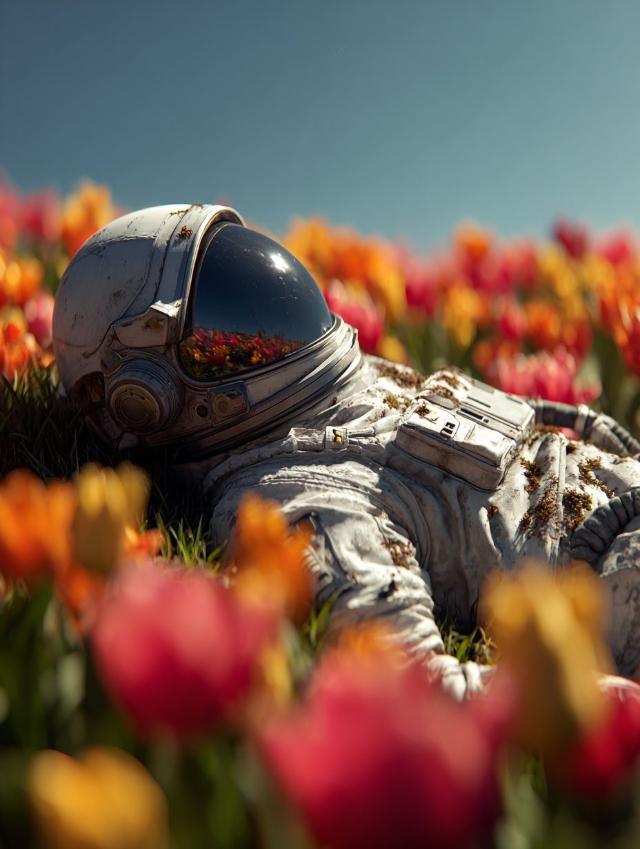 Astronaut in Tulip Field — Surreal Print. poster detail