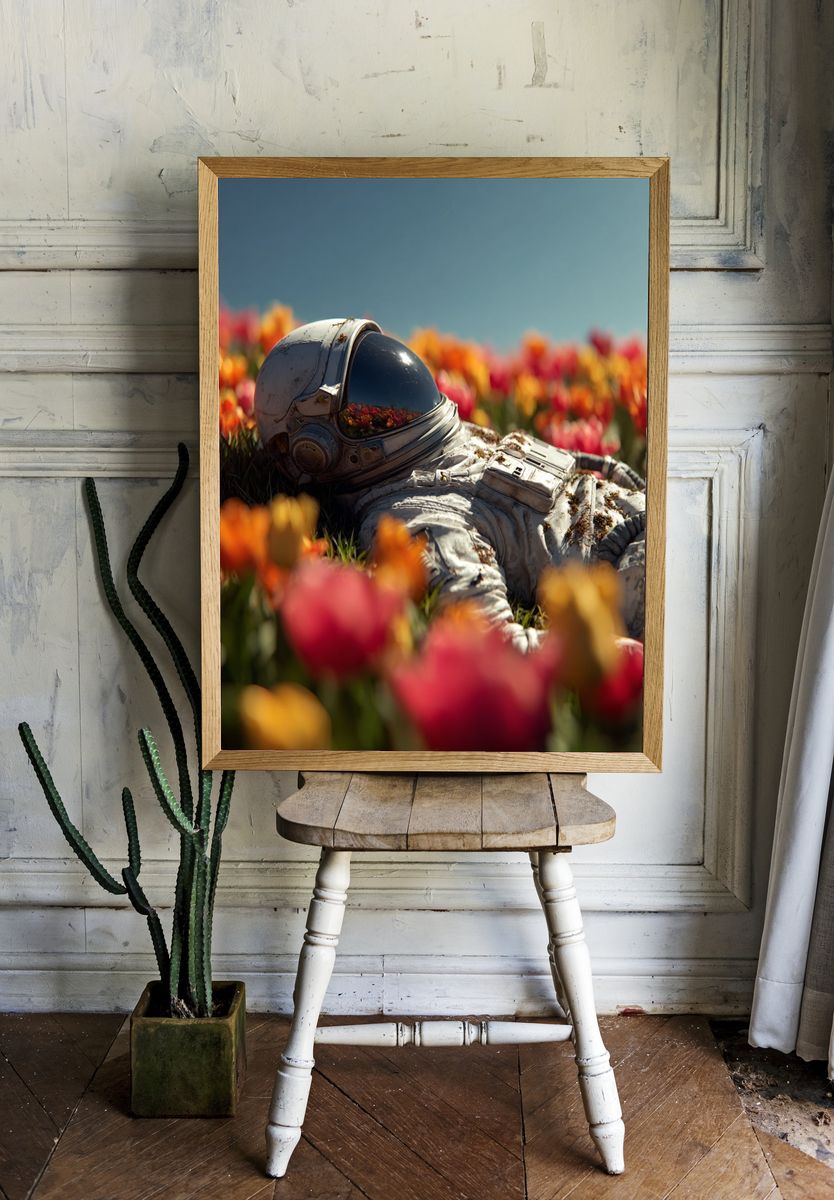Astronaut in Tulip Field — Surreal Print room preview