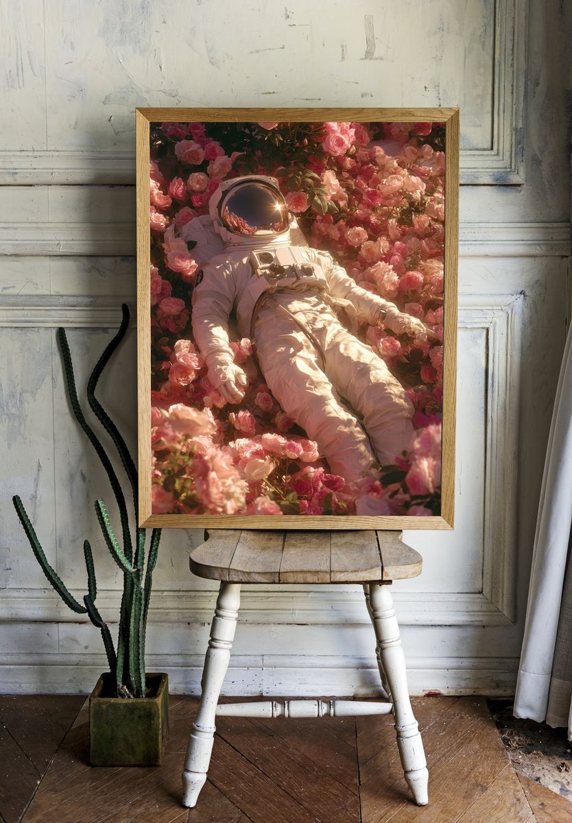 Astronaut in Roses Surrealism Poster. — room view 1