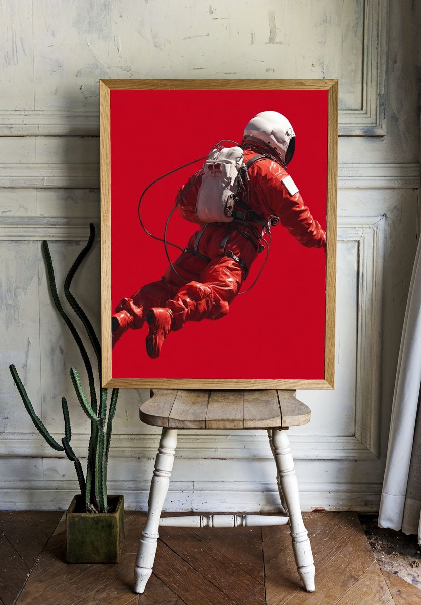 Astronaut in Red Space Suit — Digital Art Print room preview