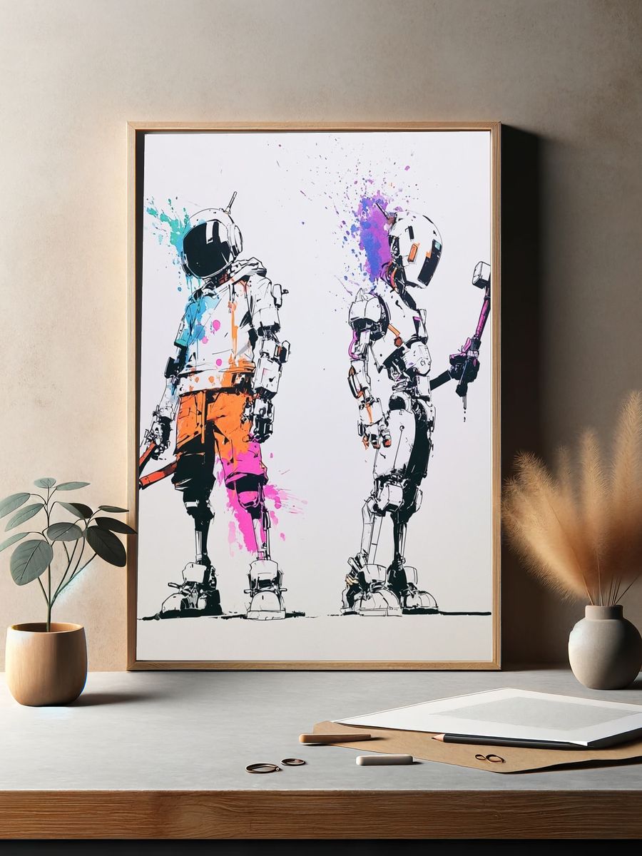 Astronaut Duo Digital Art Poster. — room view 2