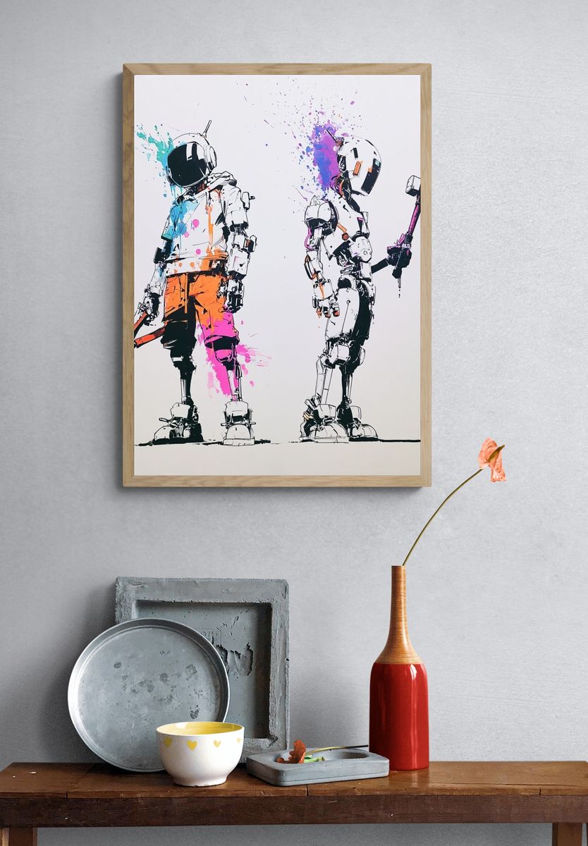 Astronaut Duo Digital Art Poster. — room view 3