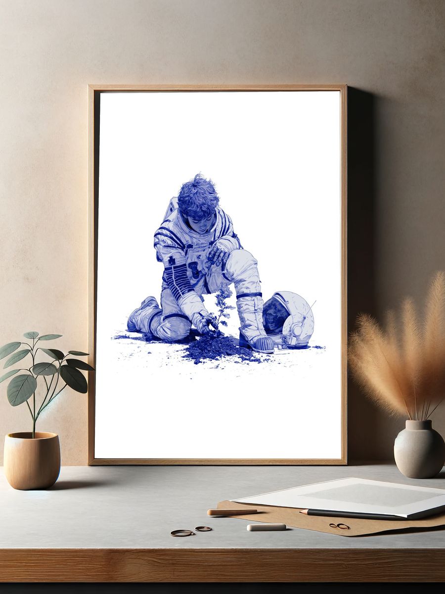 Astronaut Planting Seed Illustration Poster. — room view 2