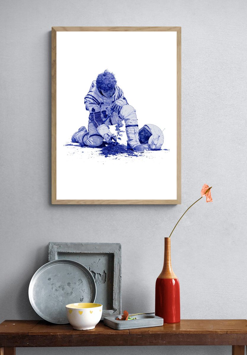 Astronaut Planting Seed Illustration Poster. — room view 3