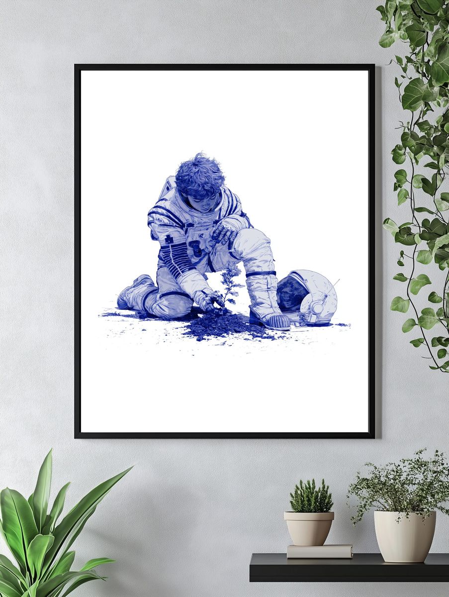 Astronaut Planting Seed Illustration Poster. — room view 4