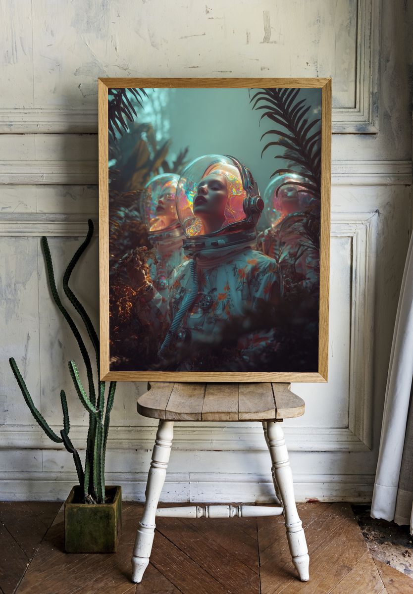 Astronauts in Lush Jungle — Surreal Print room preview