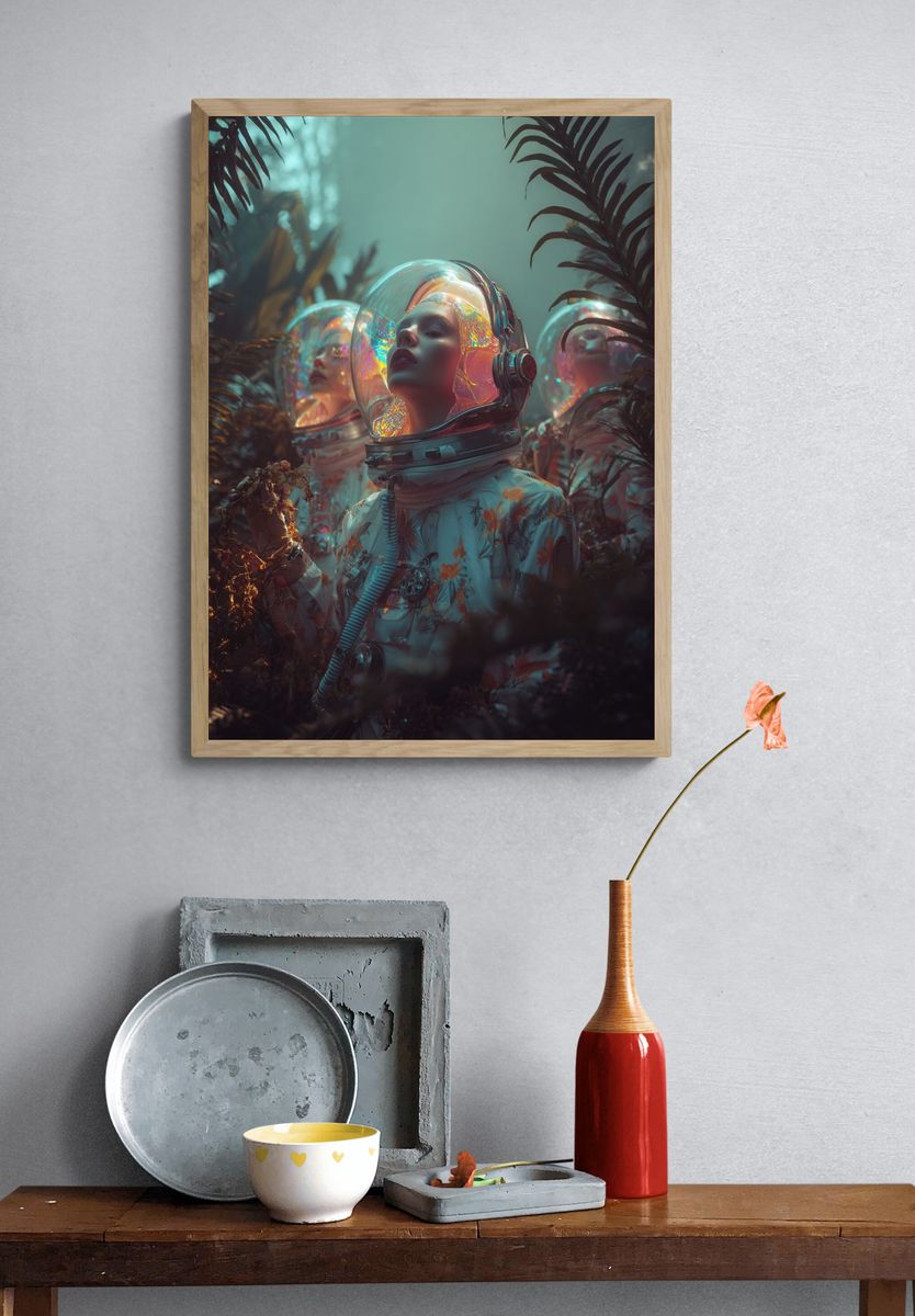 Astronauts in Lush Jungle — Surreal Print. — room view 3