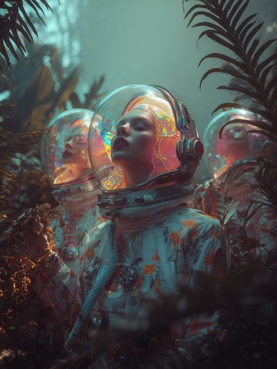 Astronauts in Lush Jungle — Surreal Print. poster print