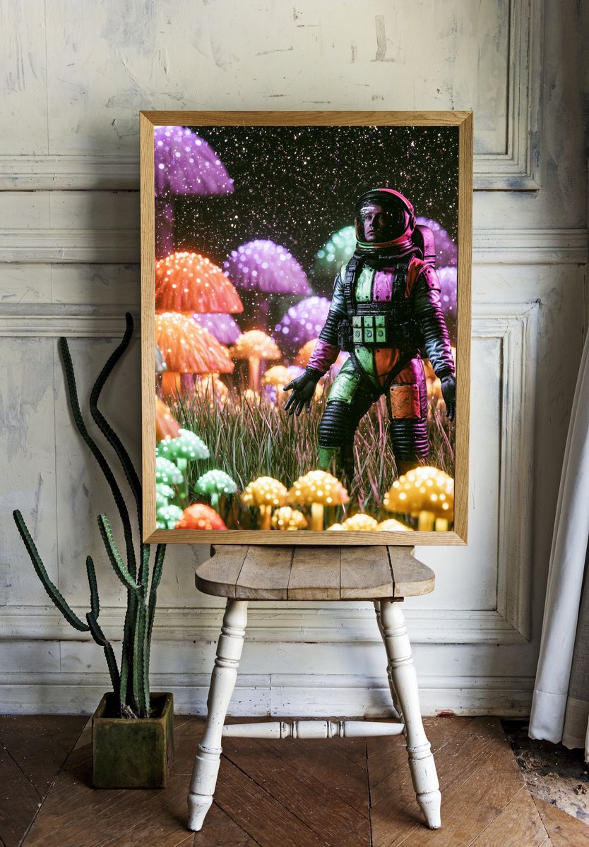 Astronaut in Neon Mushroom Field Poster. — room view 1