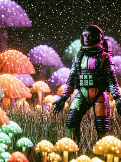 Astronaut in Neon Mushroom Field Poster.