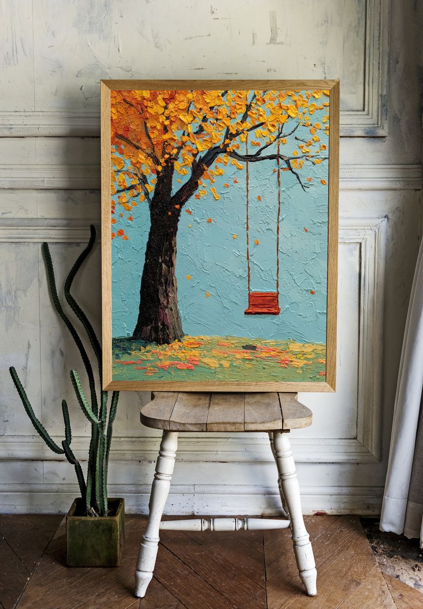 Autumn Tree with Swing — Fine Art Print. room preview