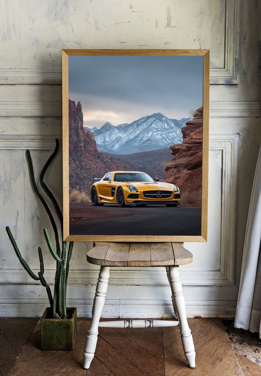 Yellow Sports Car Desert Landscape Poster. — room view 1
