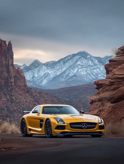 Yellow Sports Car Desert Landscape Poster. poster print