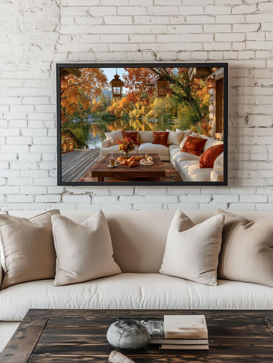 Autumn Lakeside Cabin Photography Poster. room preview