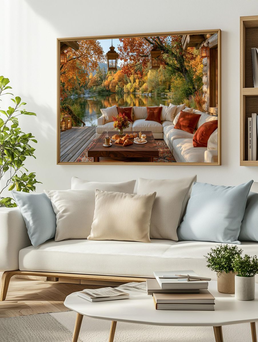 Autumn Lakeside Cabin Photography Poster. — room view 2