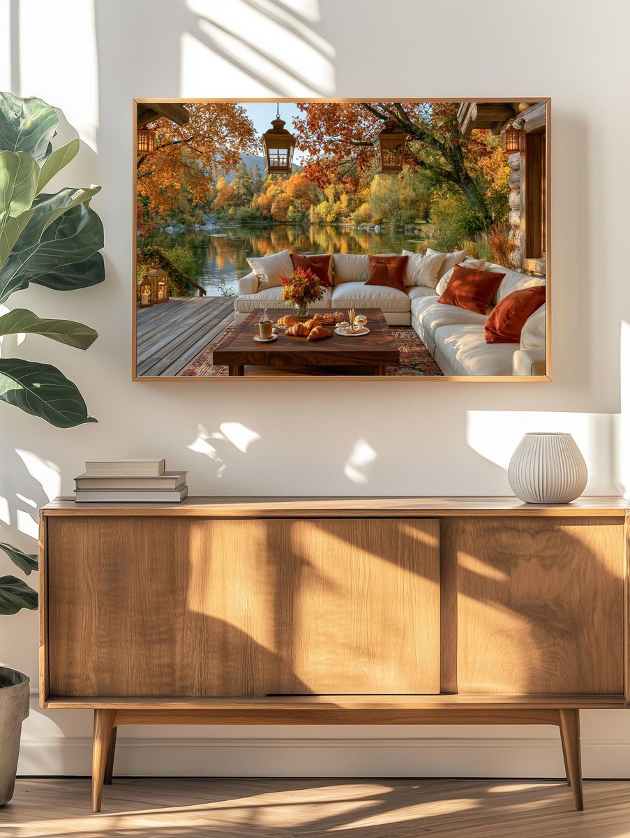 Autumn Lakeside Cabin Photography Poster. — room view 3