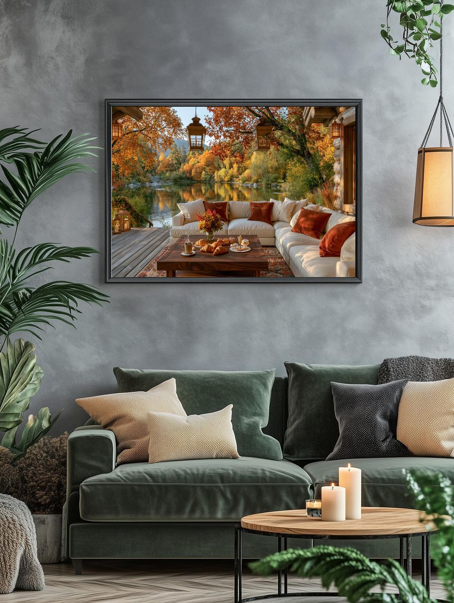 Autumn Lakeside Cabin Photography Poster. — room view 4