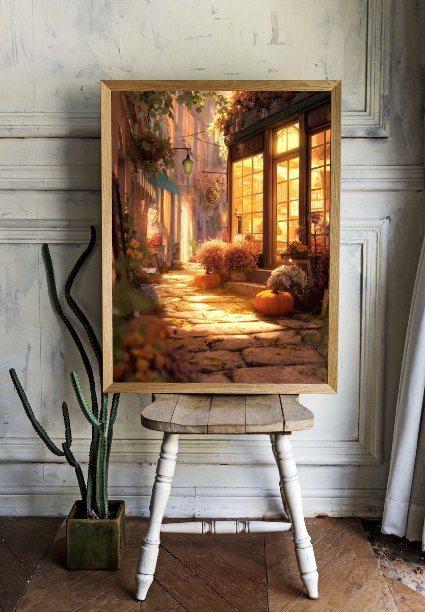 Charming Autumn Street — Illustration Print. room preview