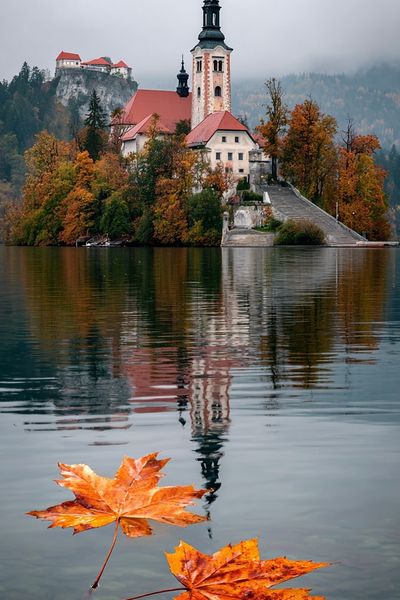 Autumn Lake Church Photography Poster. poster