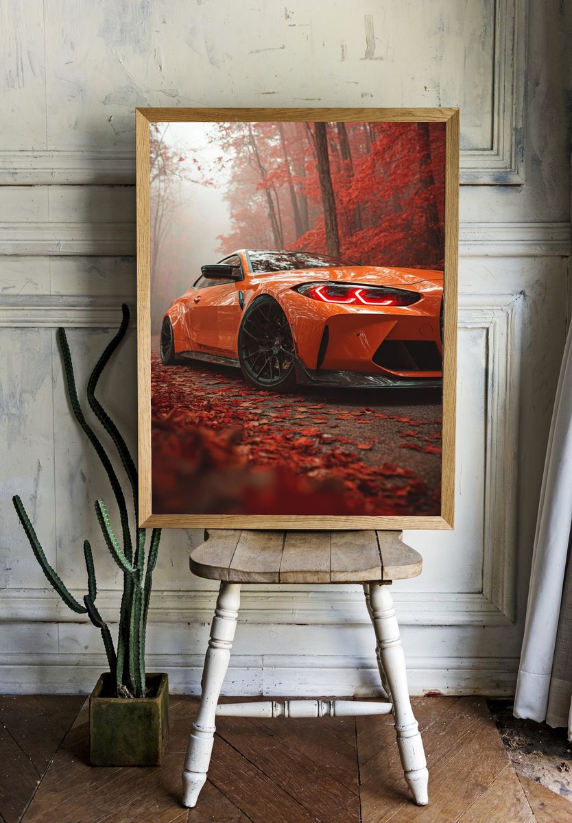 Orange Sports Car Autumn Forest Poster. — room view 1