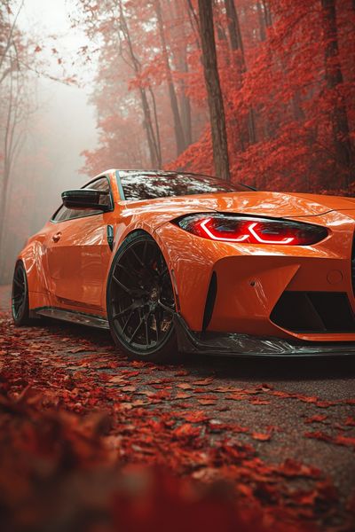 Orange Sports Car Autumn Forest Poster. poster print