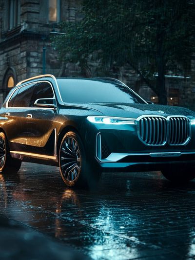 Luxury SUV in Rainy City Poster. poster print