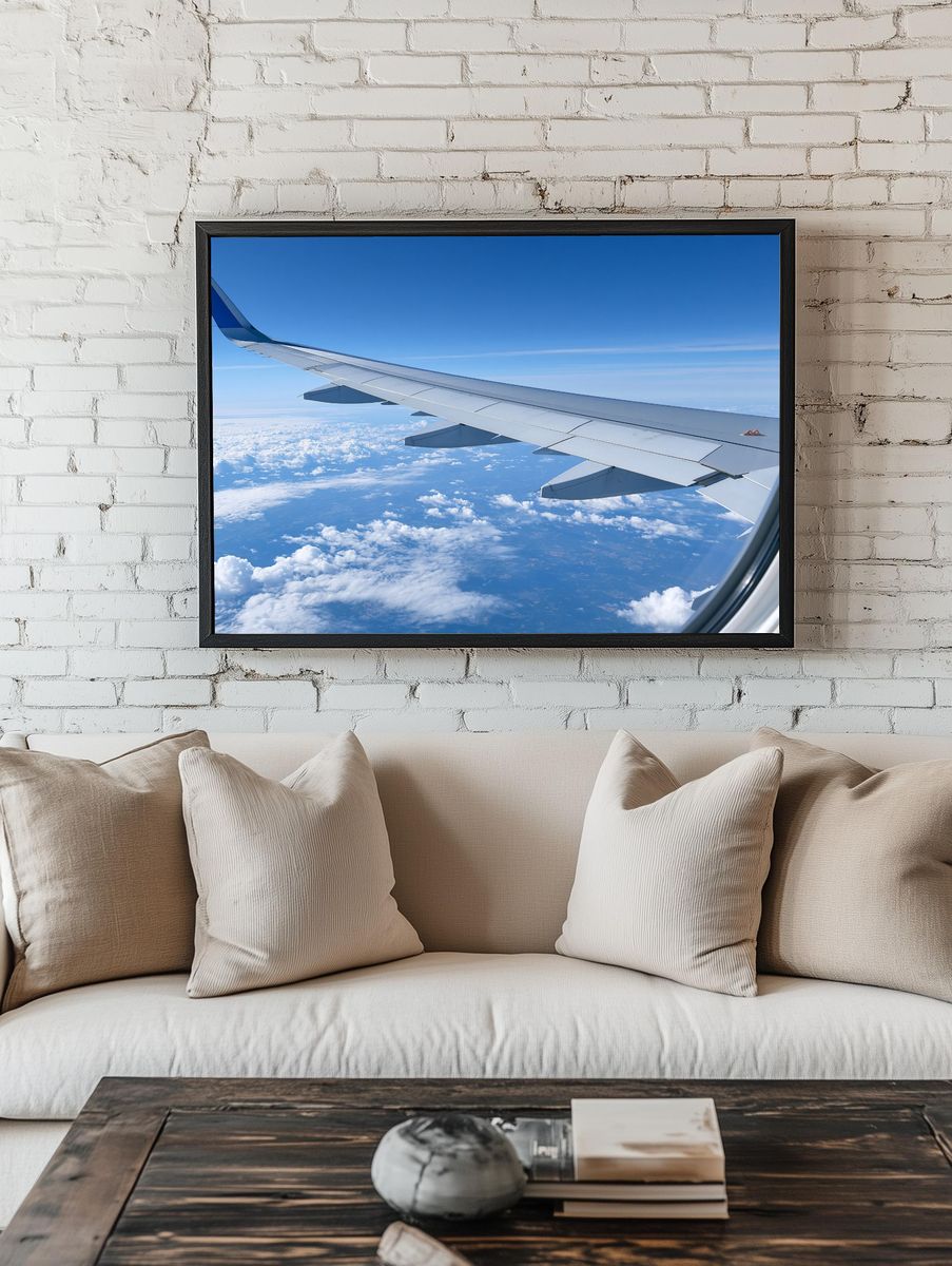 Airplane Wing Above Clouds Photography Poster. room preview