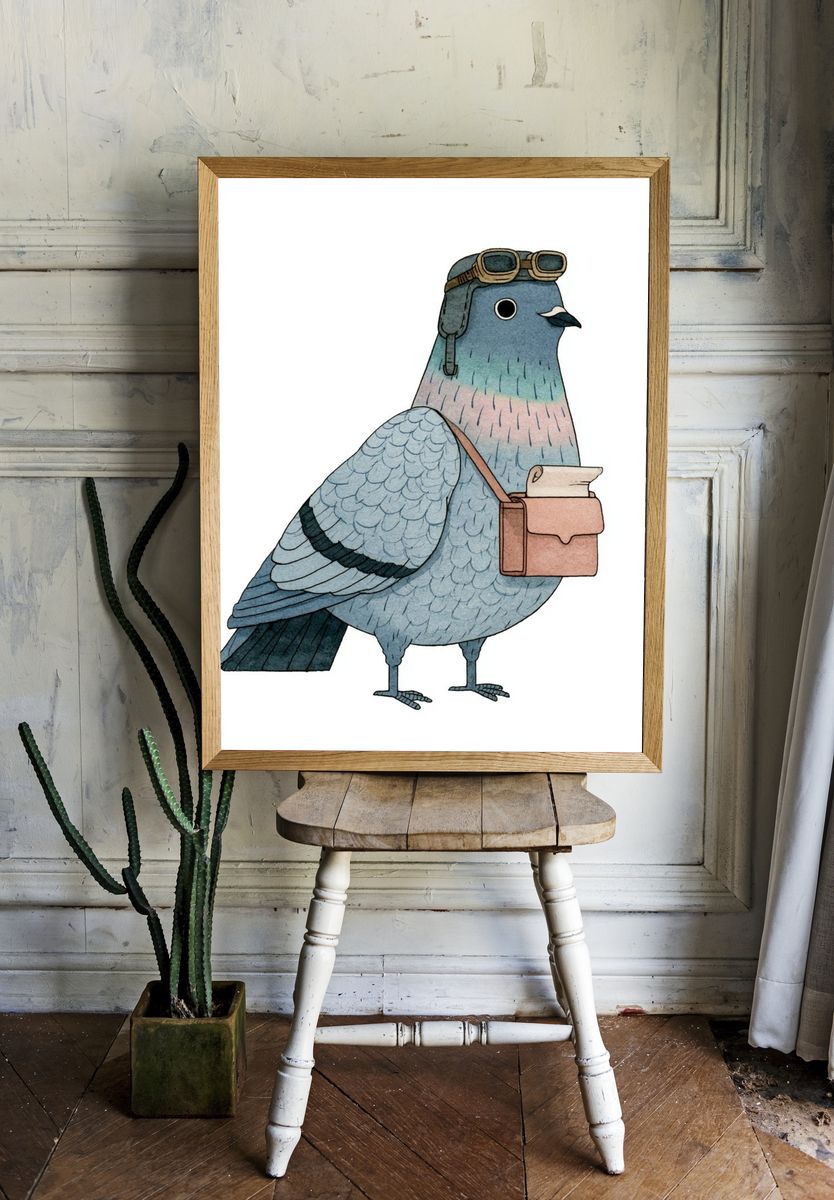 Aviator Pigeon Illustration Poster. — room view 1