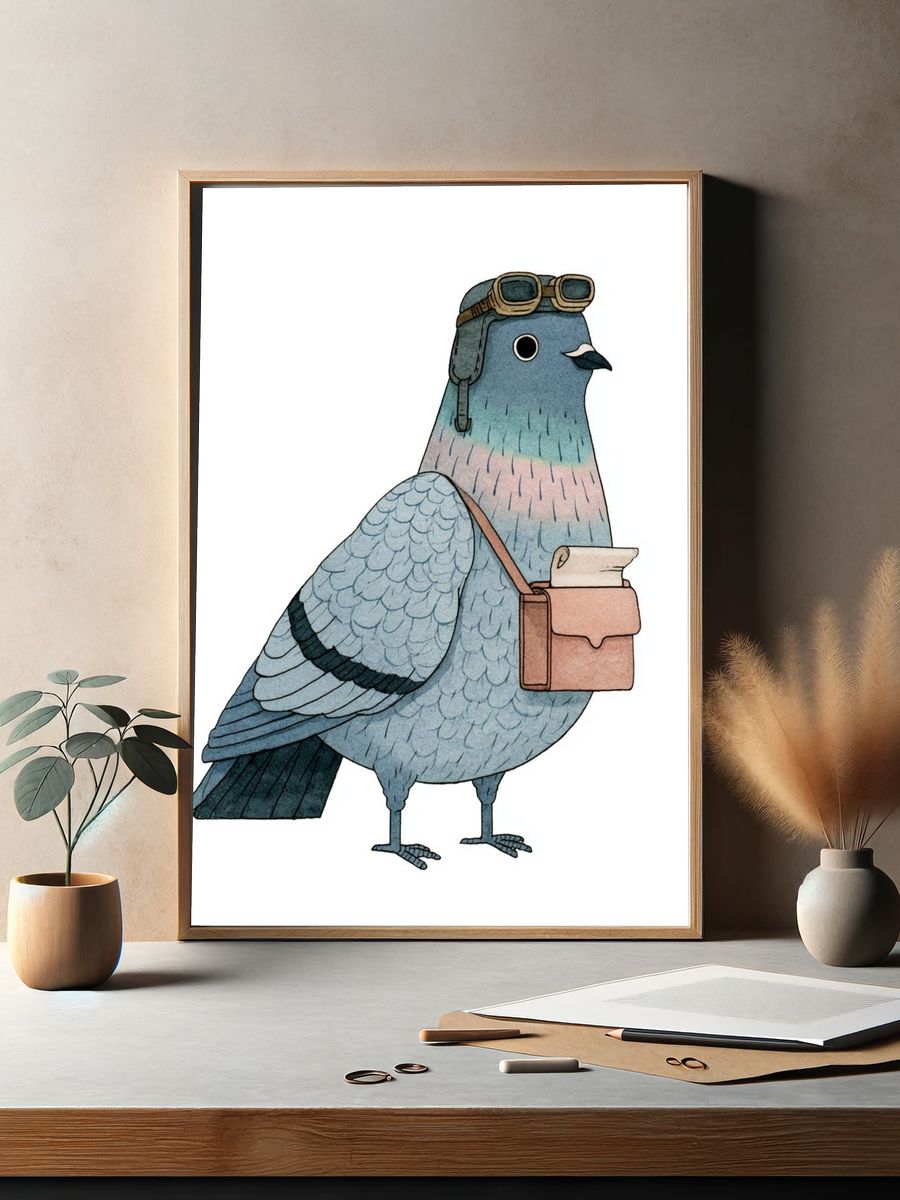 Aviator Pigeon Illustration Poster. — room view 2