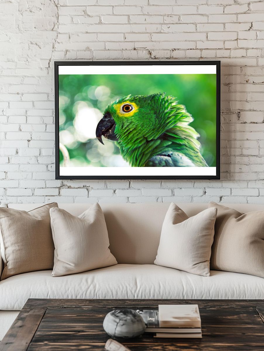 Vibrant Green Parrot Portrait Poster. room preview