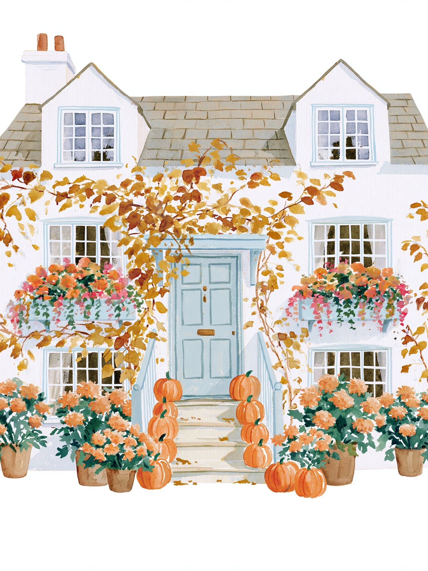 Autumn Cottage Watercolor Print. poster detail
