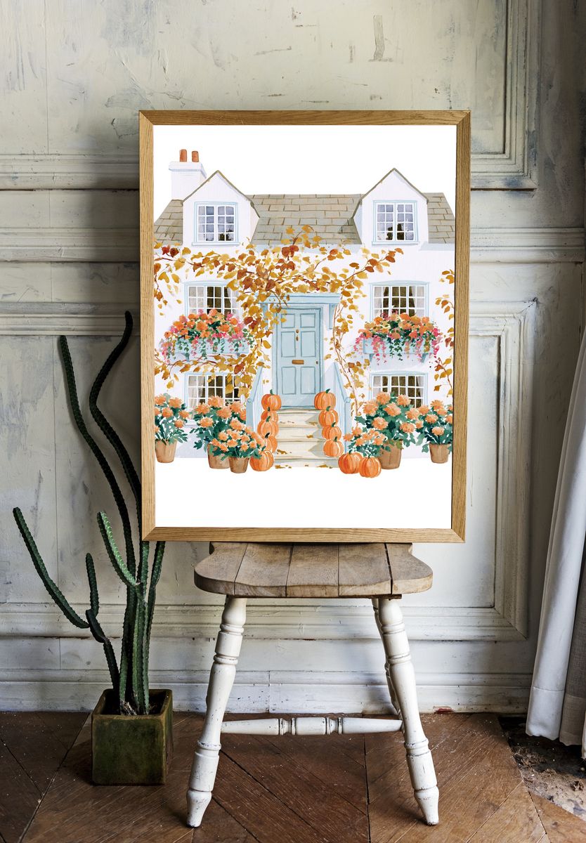 Autumn Cottage Watercolor Print. room preview