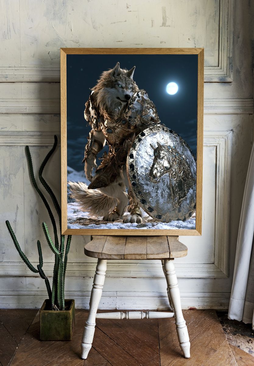 Armored Wolf Moonlight Illustration Poster. room preview