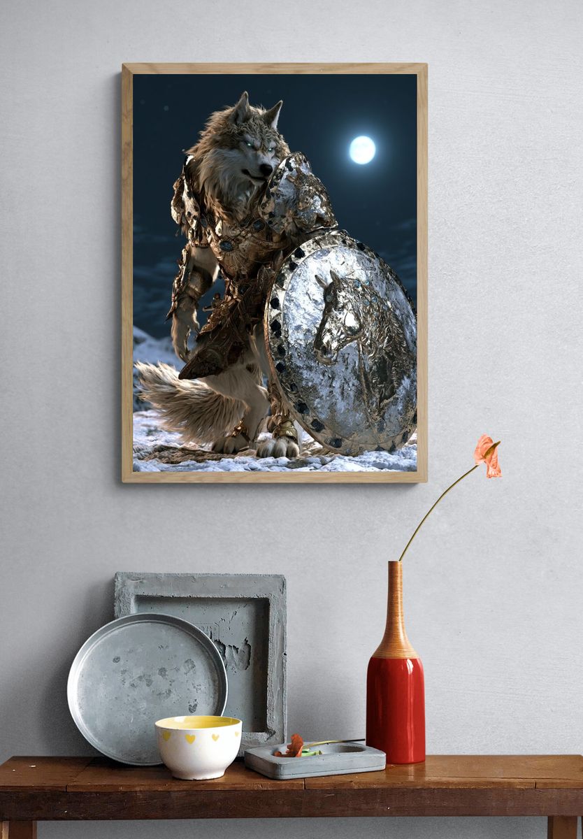 Armored Wolf Moonlight Illustration Poster. — room view 3