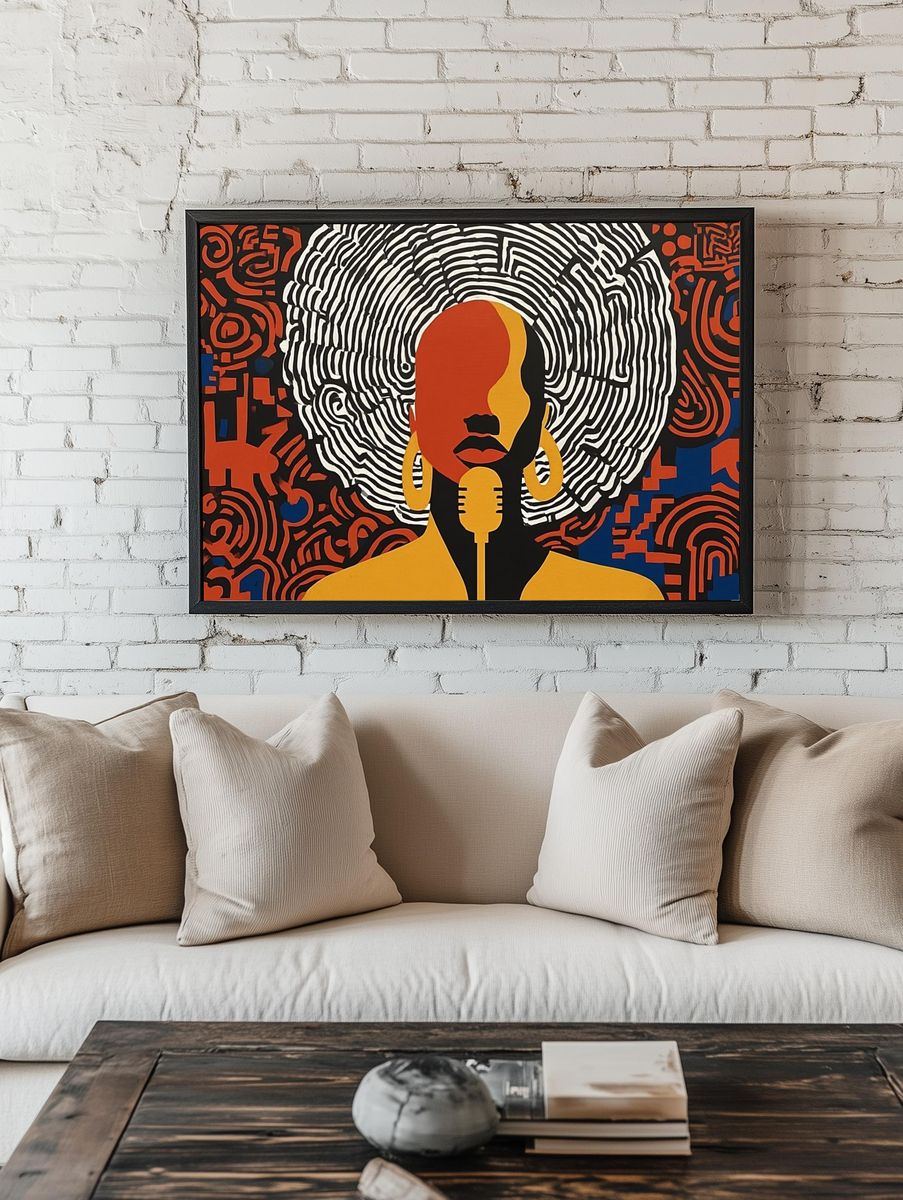 Abstract Woman with Microphone — Art Print. room preview