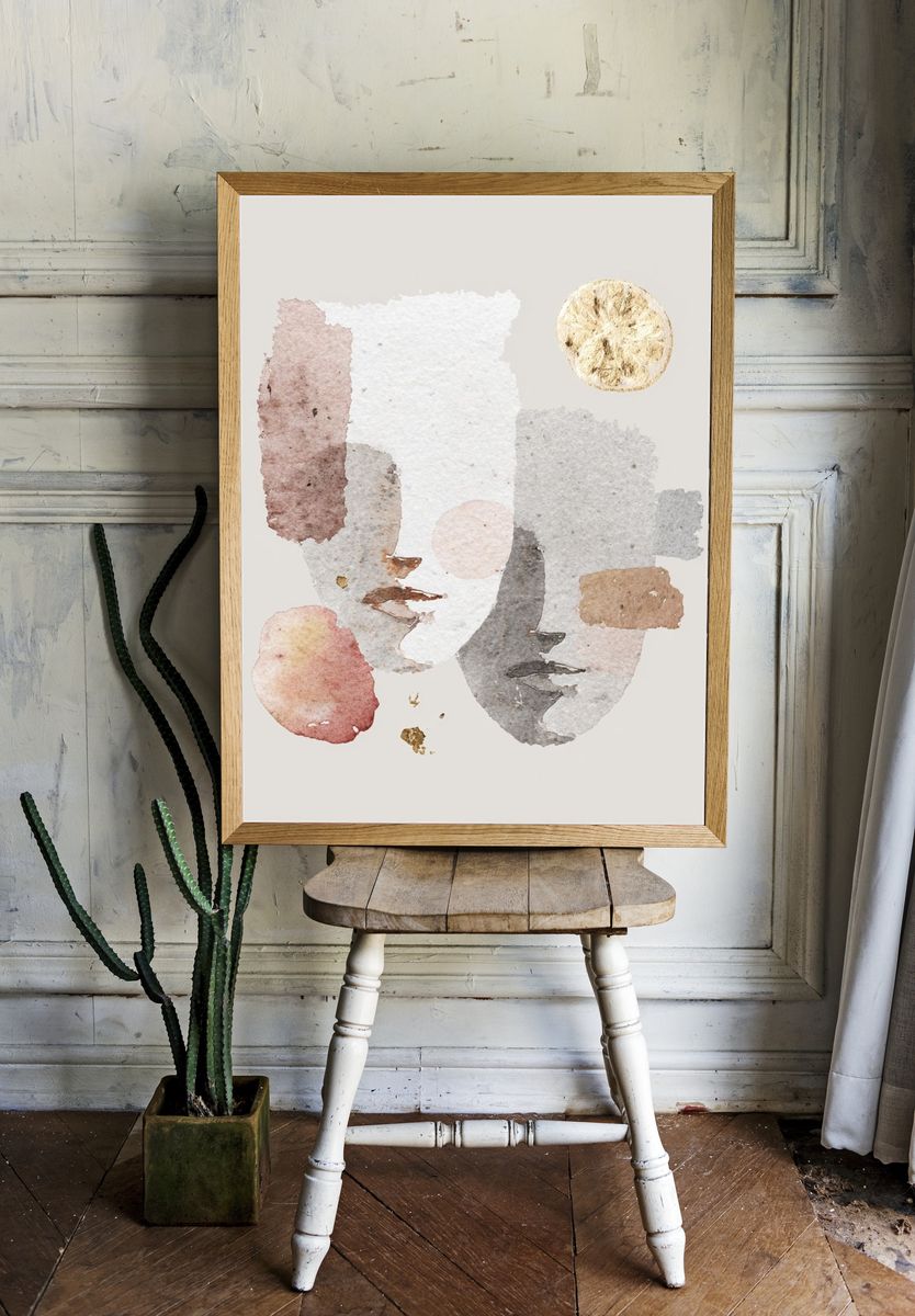 Soft Watercolor Faces Abstract Print. — room view 1