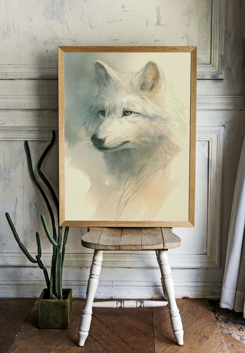 Arctic Wolf Watercolor Poster. — room view 1